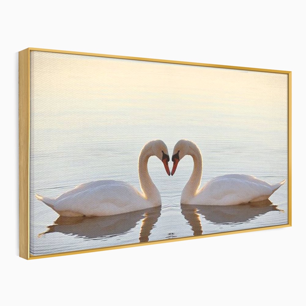 Tablou canvas cu tablou canvas cu lebede pe lac, in rama de aluminiu auriu